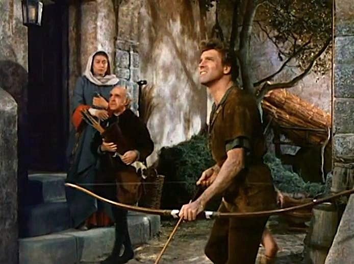 (L-R) Aline MacMahon, Francis Pierlot, and Burt Lancaster in "The Flame and the Arrow" (1950) in a screenshot from the trailer. (Public Domain)