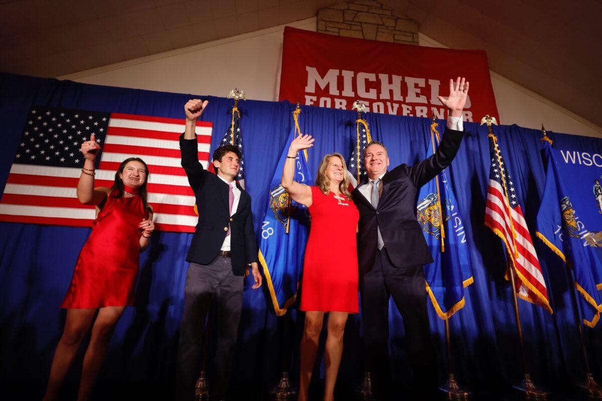 Tim Michels and his family greet supporters after winning the Aug. 9 Wisconsin GOP gubernatorial primary. (Courtesy of Tim Michels for Governor)