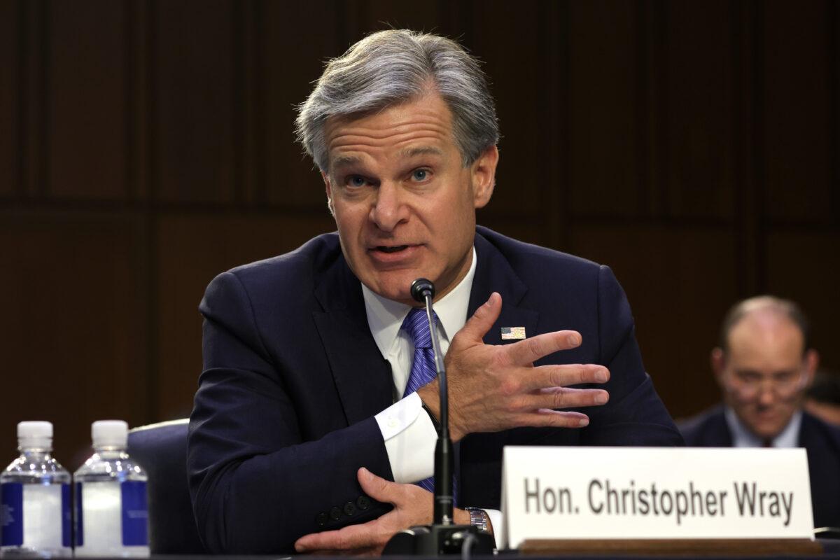 FBI Director Christopher Wray testifies during a hearing before the Senate Judiciary Committee on Capitol Hill in Washington on Aug. 4, 2022. (Alex Wong/Getty Images)
