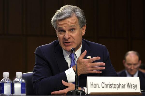 FBI Director Christopher Wray testifies during a hearing before Senate Judiciary Committee at Hart Senate Office Building on Capitol Hill in Washington on Aug. 4, 2022. (Alex Wong/Getty Images)