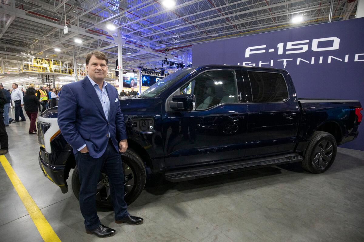 Ford CEO Jim Farley poses for a photo at the launch of the all-new electric Ford F-150 Lightning pickup truck at the Ford Rouge Electric Vehicle Center in Dearborn, Mich., on April 26, 2022. (Bill Pugliano/Getty Images)