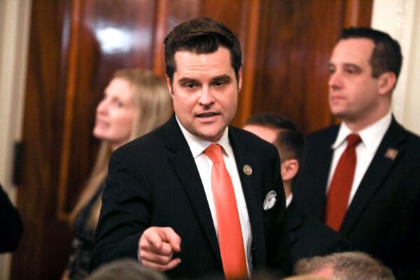  Rep. Matt Gaetz (R-Fla.) in the East Room of the White House in Washington, D.C., on Feb. 6, 2020. (Charlotte Cuthbertson/The Epoch Times)