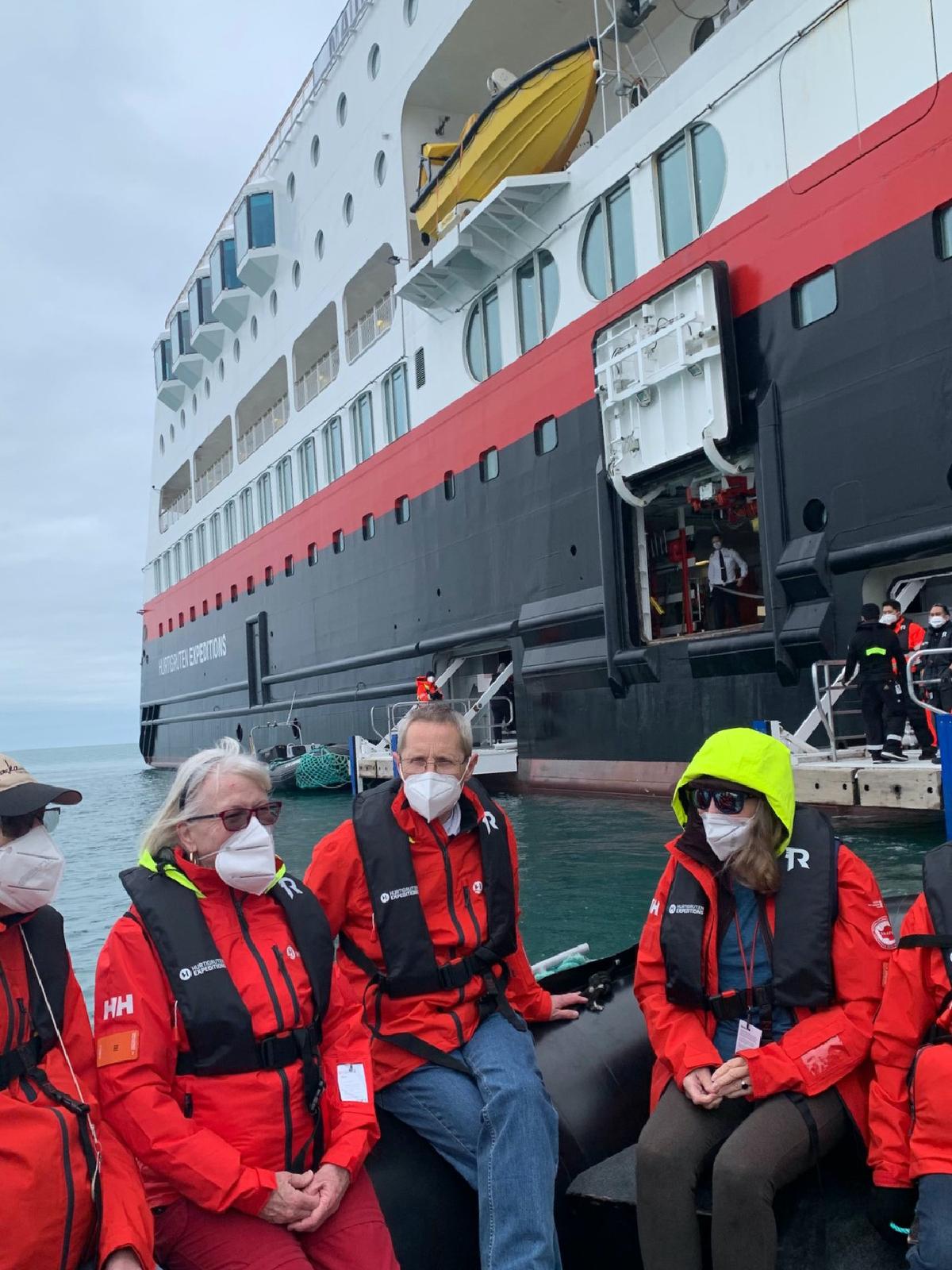 Passengers from the Hurtigruten MS Maud wait in a Zodiac RIB to go for an outing. (Courtesy of Carl H. Larsen)