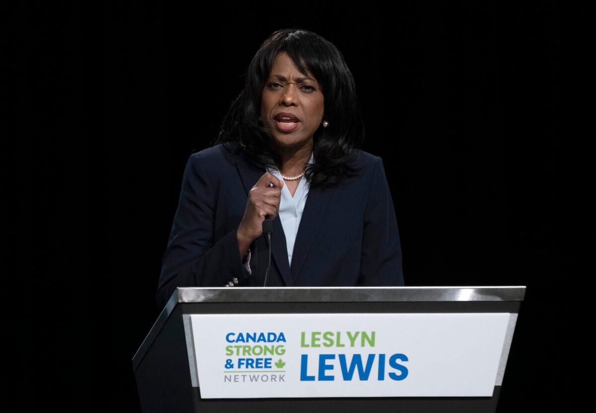 Conservative leadership candidate Leslyn Lewis delivers remarks during a debate at the Canada Strong and Free Network conference in Ottawa on May 5, 2022. (The Canadian Press/Adrian Wyld)