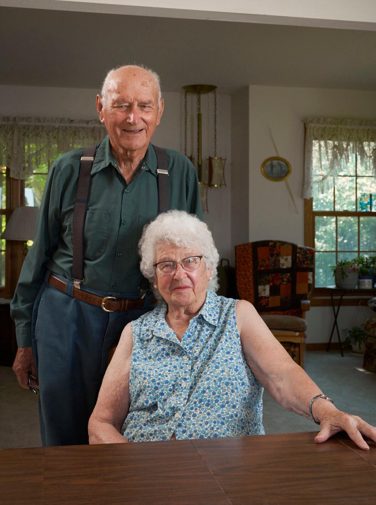 Frank Falter with his wife Althea on their Wisconsin farm in August 2022. (Chris Duzynski/The Epoch Times)