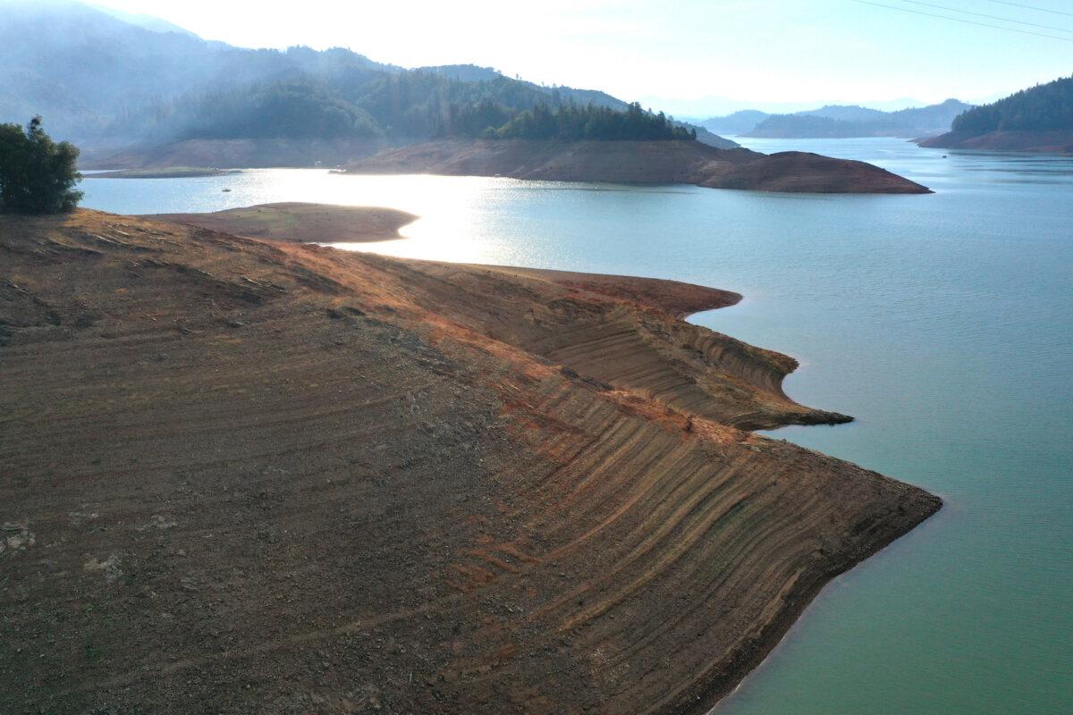 In an aerial view, low water levels are visible at Shasta Lake in Redding, Calif., on July 02, 2021. (Justin Sullivan/Getty Images)