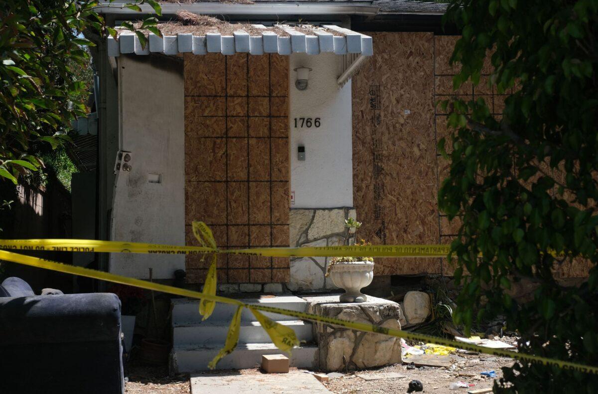 Caution tape is seen at the site where actress Anne Heche crashed into a home in Mar Vista, Calif., on Aug. 8, 2022. (Chris Delmas/AFP via Getty Images)