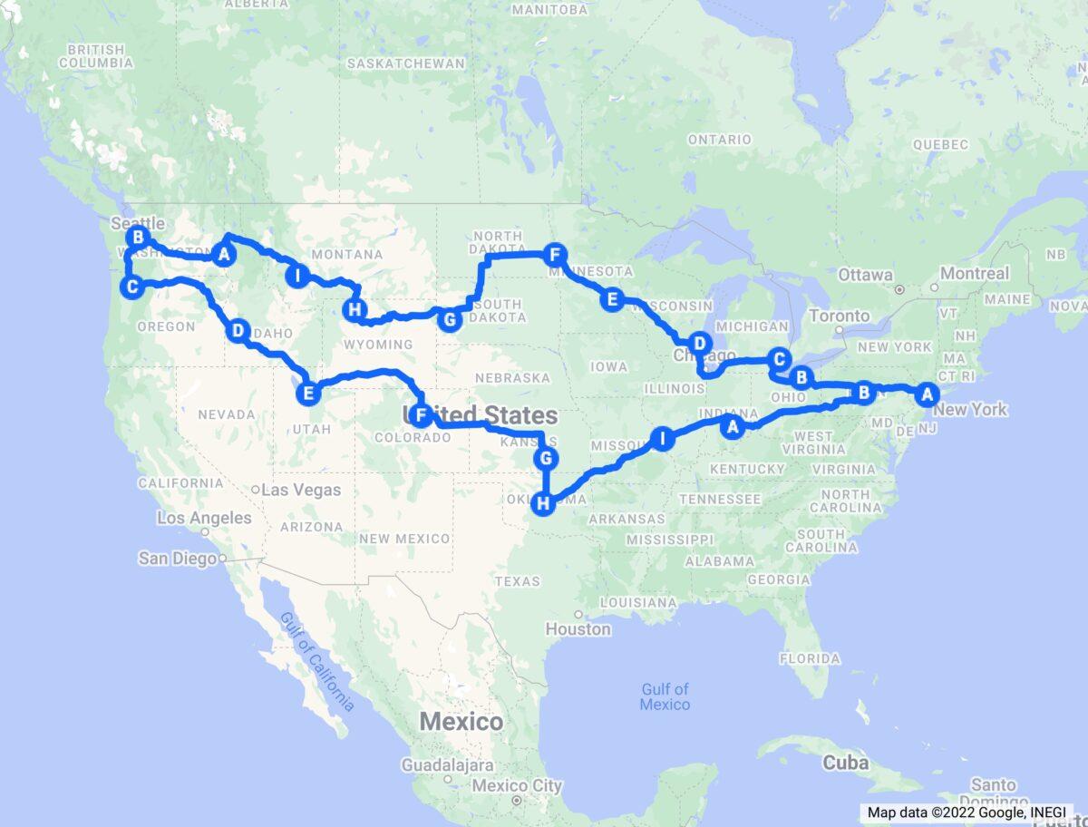 The 4th End CCP cross-country tour started on July 23 from New York, arrived in Seattle on Aug. 3, Salt Lake City, Utah, in Aug. 7, and back to New York in mid-August. (Google map screenshot by The Epoch Times)