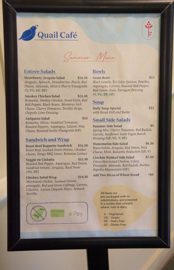 The Quail Café summer menu. (Courtesy of Karen Gough)