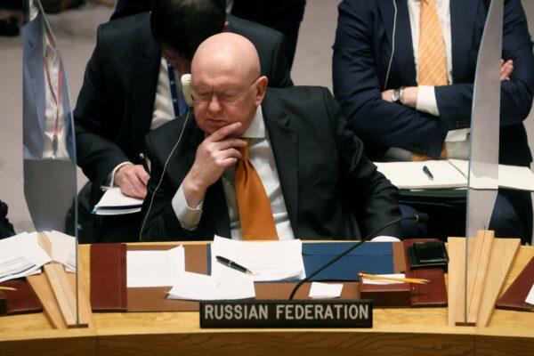 Russian UN Ambassador Vasily Nebenzya attends a United Nations Security Council meeting at U.N. headquarters in New York, on May 19, 2022. (Shannon Stapleton/Reuters)