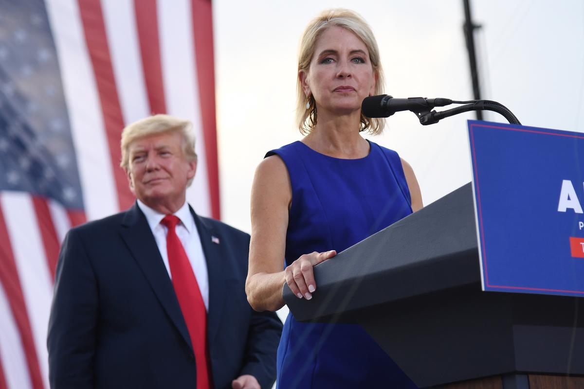 Rep. Mary Miller (R-Ill.) gives remarks after receiving an endorsement during a Save America Rally with former President Donald Trump at the Adams County Fairgrounds in Mendon, Ill., on June 25, 2022. (Michael B. Thomas/Getty Images)