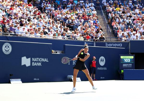 Beatriz Haddad Maia of Brazil hits a shot against Simona Halep of Romania during the singles final of the National Bank Open, part of the Hologic WTA Tour, at Sobeys Stadium in Toronto, Ontario, Canada on August 14, 2022. (Vaughn Ridley/Getty Images)