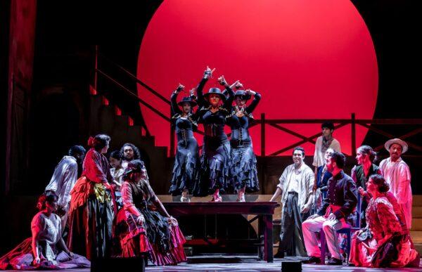 Flamenco dancers Lina Bulovaite, Jocelyn Leving, Karla Tennies Koziura (C) take center stage with ensemble in “Zorro: The Musical.“ (Brett Beiner Photography)
