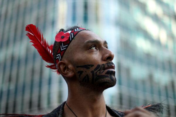 A Maori poses for a photograph ahead of the ANZAC Day parade in Sydney, Australia, on April 25, 2021. (Brendon Thorne/Getty Images)