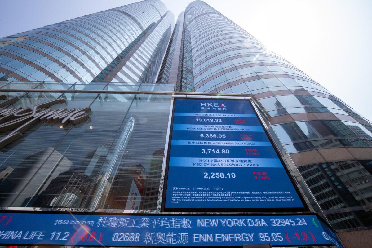 An electronic screen displays (from top) the Hang Seng Index, Hang Seng China Enterprises Index (HSCEI), Hang Seng Tech Index, and MSCI China Index in Hong Kong on March 15, 2022. China's persistent regulatory pressure sent Chinese stocks on a downward spiral. (Paul Yeung/Bloomberg via Getty Images)
