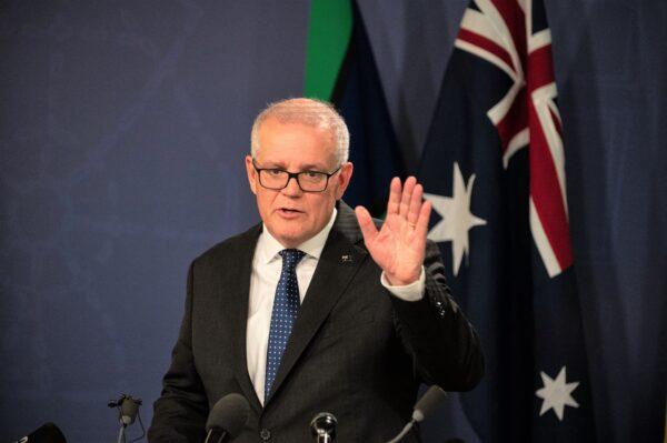 The former prime minister and present federal Member for Cook Scott Morrison speaks to the media during a press conference in Sydney, Australia, on Aug. 17, 2022. (AAP Image/Flavio Brancaleone)