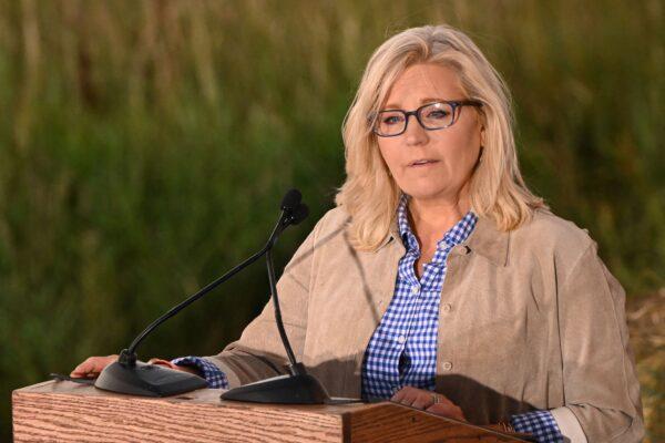 Rep. Liz Cheney (R-Wyo.) speaks to supporters at a primary night event in Jackson, Wyoming, on Aug. 16, 2022. (Alex Wong/Getty Images)