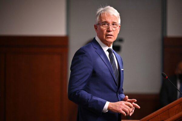 Los Angeles County District Attorney George Gascón speaks at a press conference in Los Angeles on Dec. 8, 2021. (Robyn Beck/AFP via Getty Images)