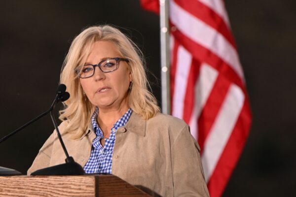 Rep. Liz Cheney (R-Wyo.) speaks to supporters at an election night event during the Wyoming primary election at Mead Ranch in Jackson, Wyo., on Aug. 16, 2022. (Patrick T. Fallon/AFP via Getty Images)