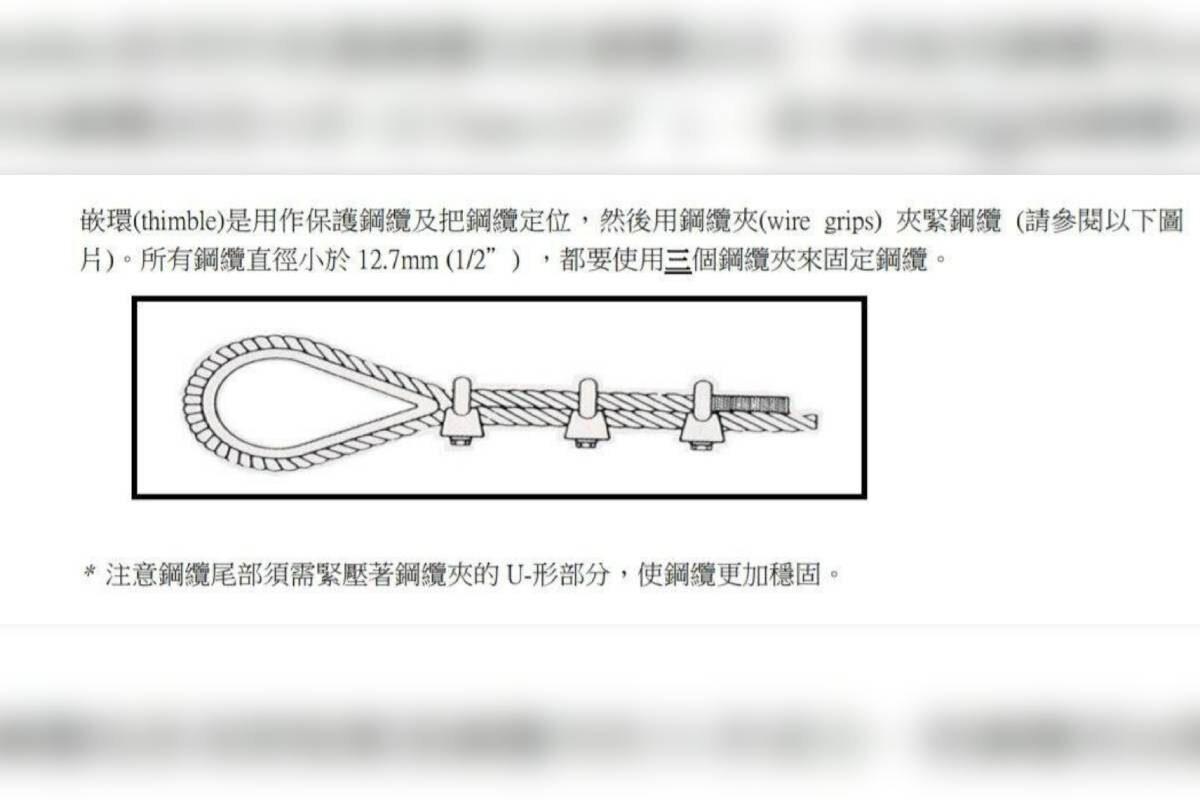 LCSD documents show that three wench clips need to be used to fix the steel cable, but Mr. Shan pointed out that experienced people will deal with it in a more practical way for each installation. (Screenshot of LCSD documents)