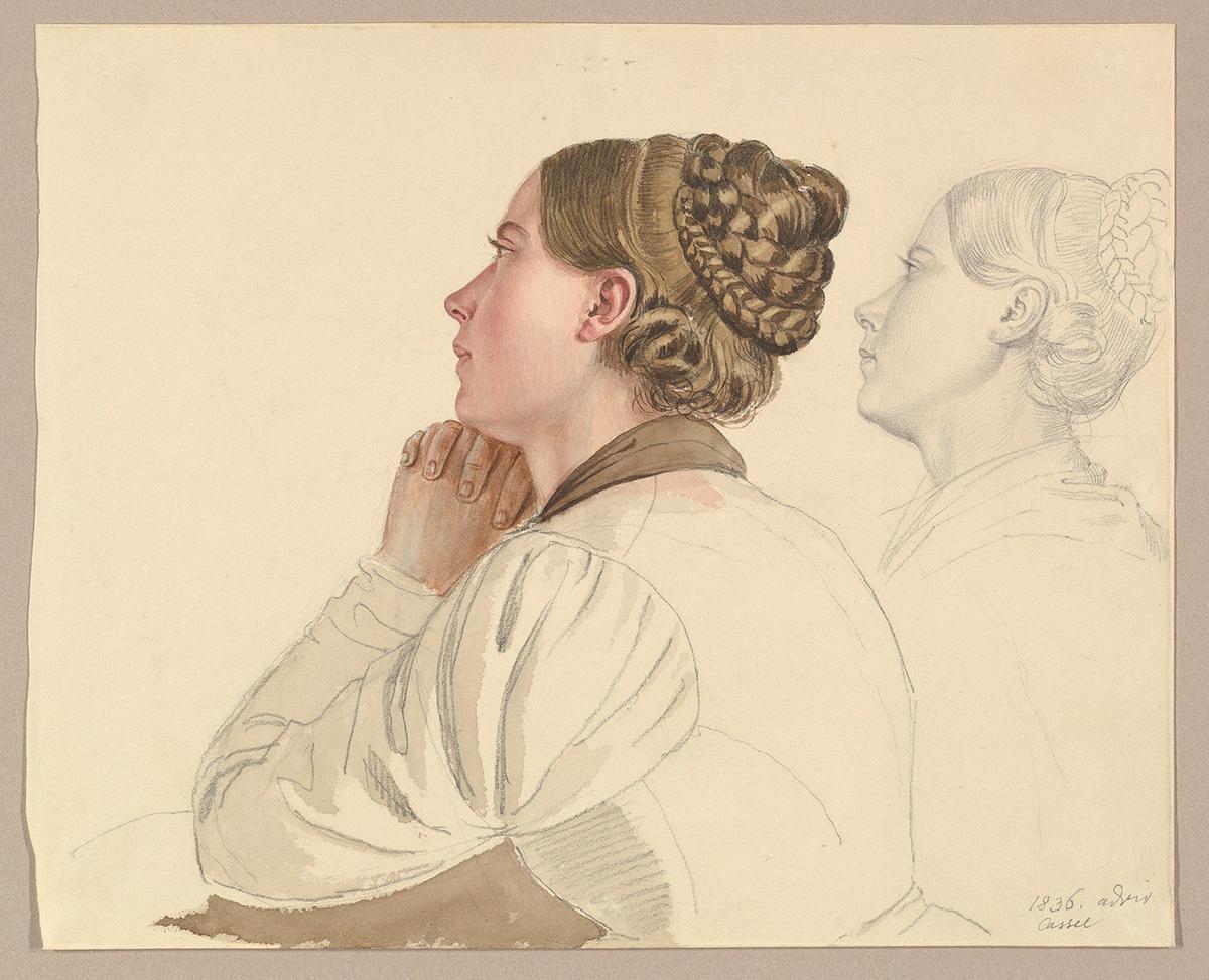 Studies of a woman praying, early to mid-19th century, by Ludwig Emil Grimm. Graphite and watercolor. The Metropolian Museum of Art, New York City. (Public Domain)