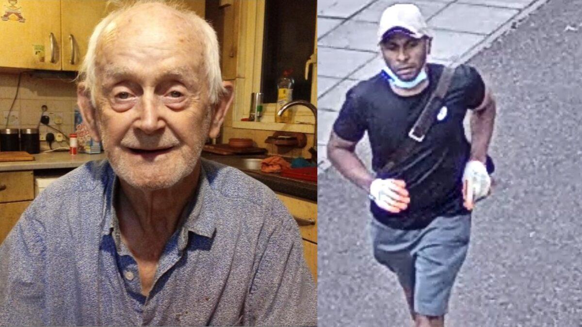An undated photo of Thomas O'Halloran (L) who was stabbed as he rode his mobility scooter. A CCTV image has been released of a man (R) seen running away from the scene of the crime in Greenford, west London, on Aug. 16, 2022. (Metropolitan Police)