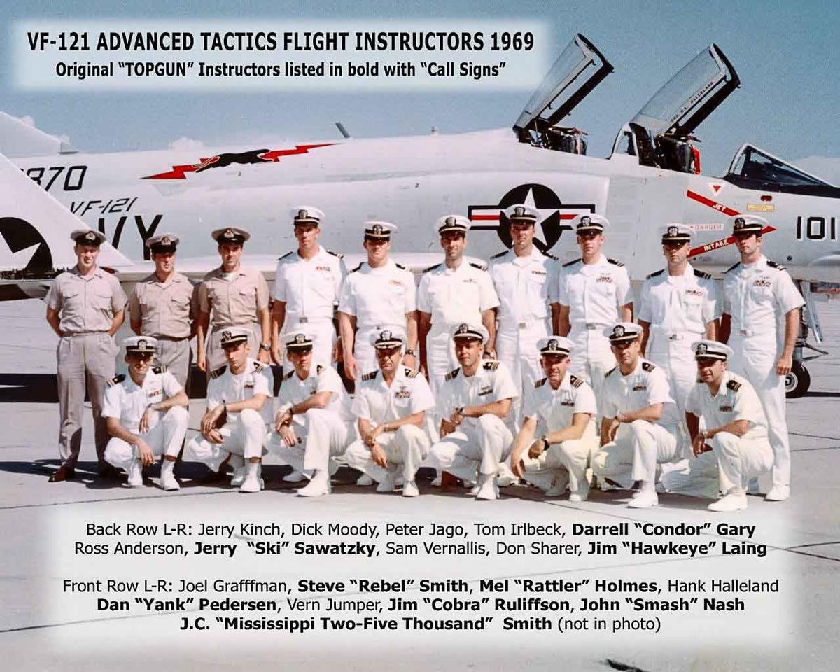 Top Gun instructors in 1969 with Pederson's original eight in bold print. (Courtesy of the US Navy)