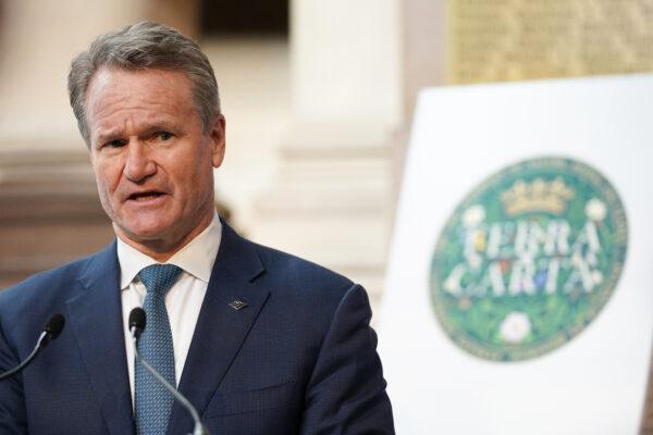 Brian Moynihan, CEO of Bank of America addresses the CEOs of global companies awarded the Terra Carta Seal. in Glasgow, Scotland on Nov. 3, 2021. (Ian Forsyth/Getty Images)