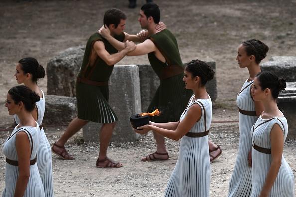 Reenactment of Olympians competing at the Temple of Hera, the sanctuary where the Olympic Games were born in 776 B.C. (Aris Messinis/AFP via Getty Images)