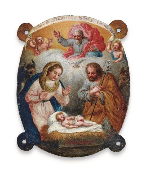 A friar’s badge with the Nativity, Mexico, circa 1768, by José de Páez. Oil on copper; 4  1/2 inches by 3  1/2 inches. Purchased with funds provided by the Joseph B. Gould Foundation, Los Angeles County Museum of Art. (Public Domain)