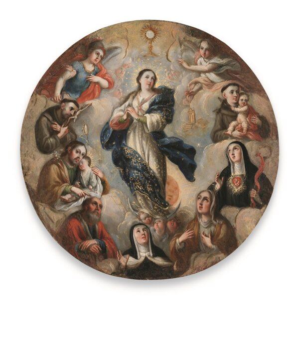 A nun’s badge with the Immaculate Conception and saints, Mexico, circa 1720, attributed to Antonio de Torres. Oil on copper; diameter: 7 inches. Purchased with funds provided by the Bernard and Edith Lewin Collection of Mexican Art Deaccession Fund, Los Angeles County Museum of Art. (Public Domain)