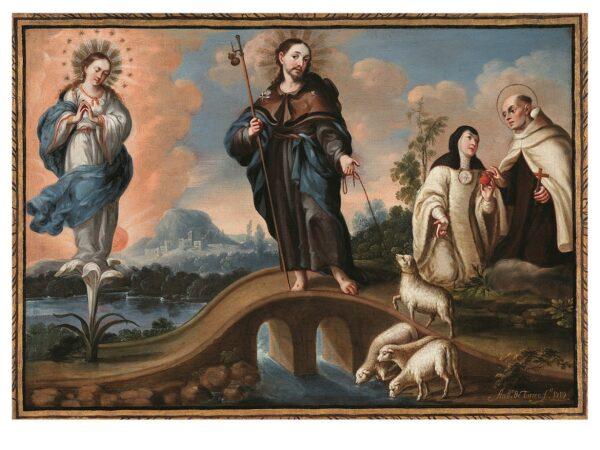 "Sacred Conversation With the Immaculate Conception and the Divine Shepherd," Mexico, 1719, by Antonio de Torres. Oil on canvas; 22 7/8 inches by 33  inches. Purchased with funds provided by the Bernard and Edith Lewin Collection of Mexican Art Deaccession Fund, Los Angeles County Museum of Art. (Public Domain)