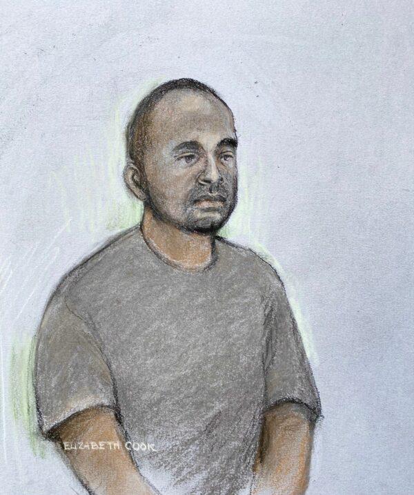 A court artist's sketch of Lee Byer—who is accused of murdering an 87-year-old man on a mobility scooter—appearing at Willesden Magistrates' Court in northwest London, on Aug. 19, 2022. (Elizabeth Cook/PA).