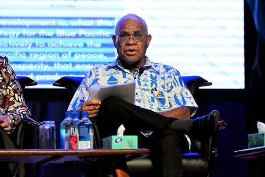 Vanuatu Prime Minister Bob Loughman speaks at a panel discussion during the Pacific Islands Forum (PIF) in Suva, Fiji, on July 12, 2022. (William West/AFP via Getty Images)