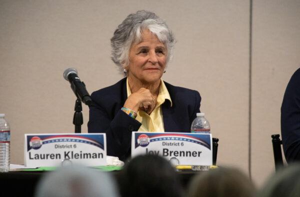 Newport Beach City Council candidate Joy Brenner speaks at the Newport Beach Public Library in Newport Beach, Calif., on Aug. 18, 2022. (John Fredricks/The Epoch Times)