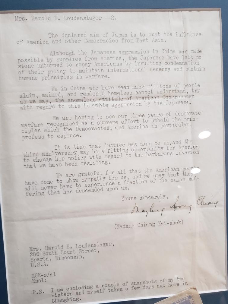 A copy of a letter dated April 20, 1940, written by Madame Mei-ling, the first lady of China’s former President Chiang Kai-shek before 1949. (Courtesy of Kevin Franz)