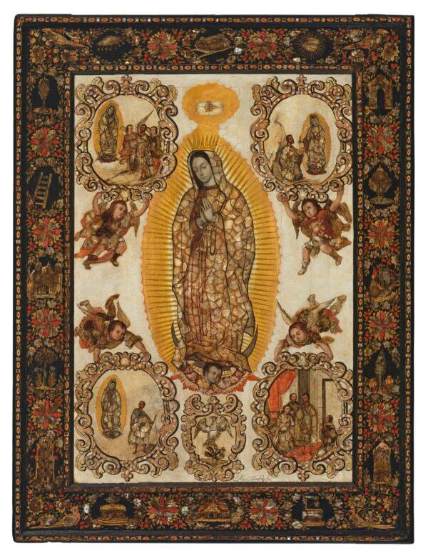 "The Virgin of Guadalupe," Mexico, circa 1698, by Miguel González. Oil on canvas on wood, inlaid with mother-of-pearl (enconchado painting); 39 inches by 27 1/2 inches. Purchased with funds provided by the Bernard and Edith Lewin Collection of Mexican Art Deaccession Fund, Los Angeles County Museum of Art. (Public Domain)
