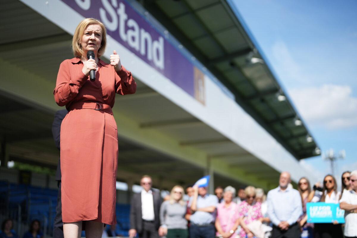 Liz Truss at an event at Solihull Moors Football Club as part of the campaign to lead the Conservative Party and the next UK prime minister on Aug. 6, 2022. (Jacob King/PA Media)