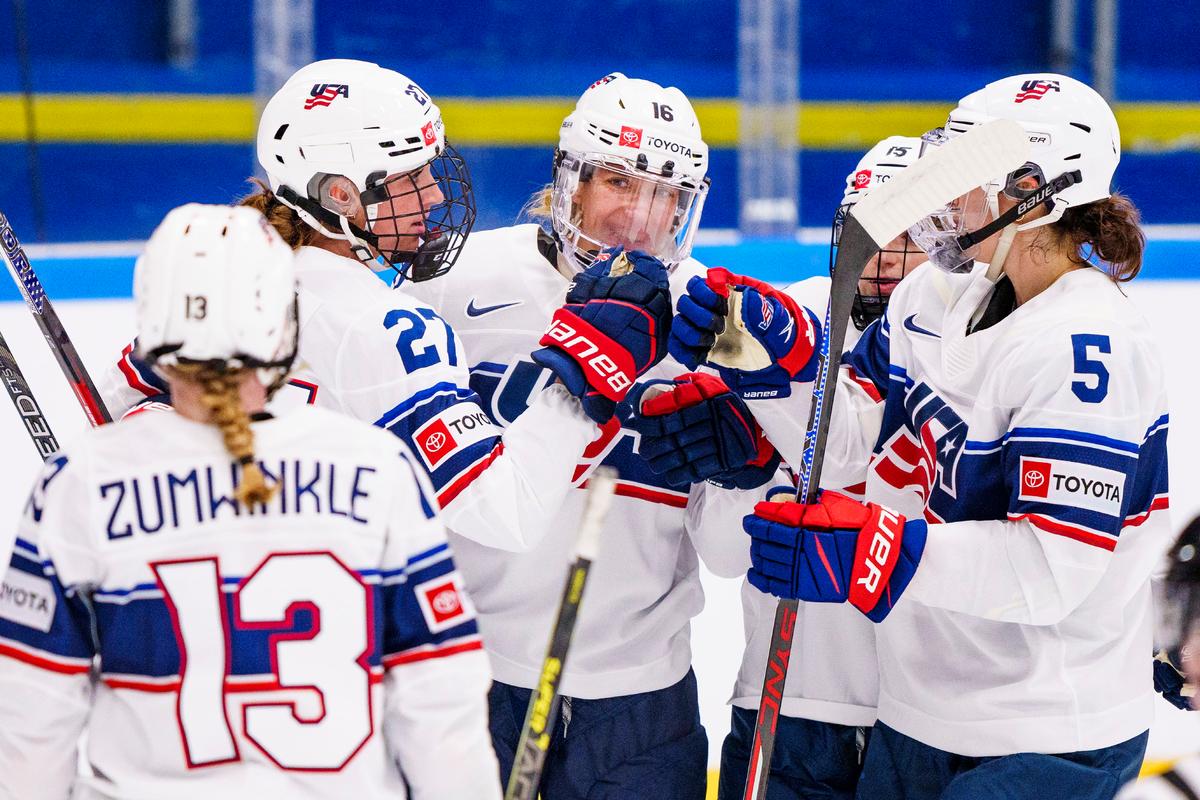 USA celebrate Hayley Scamurras 0-4 goal during the IIHF World Championship Women's ice hockey match between Japan and USA in Herning, Denmark, on Aug. 25, 2022. (Bo Amstrup/Ritzau Scanpix via AP)