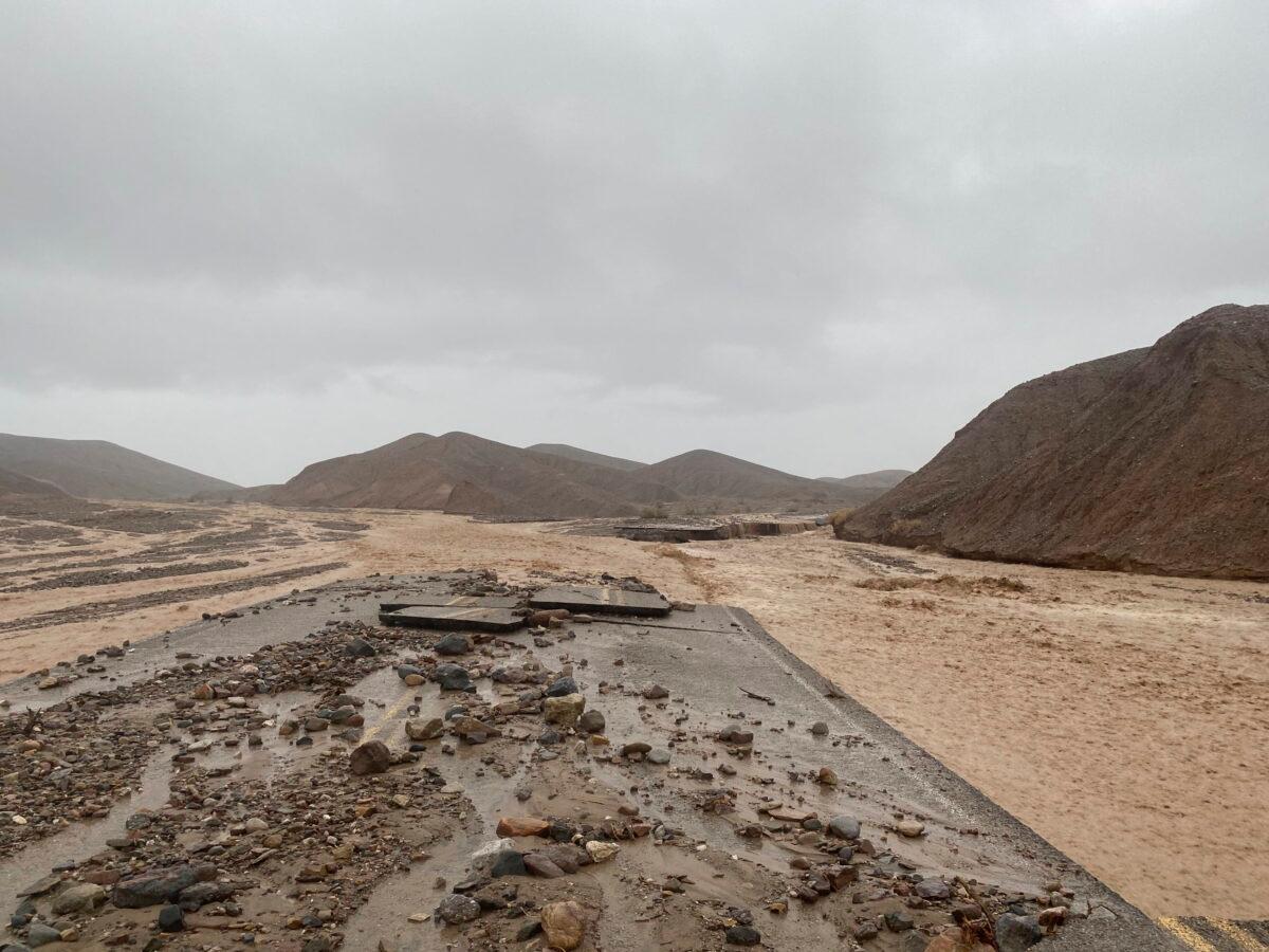 Mud Canyon Road is closed due to flash flooding in Death Valley, Calif., on Aug. 5, 2022. (National Park Service/Death Valley National Park via AP)