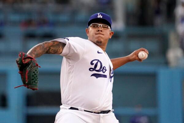 Los Angeles Dodgers starting pitcher Julio Urias throws to the plate during the first inning of a baseball game against the Minnesota Twins in Los Angeles, Tuesday, August 9, 2022. (Mark J. Terrill/AP Photo)