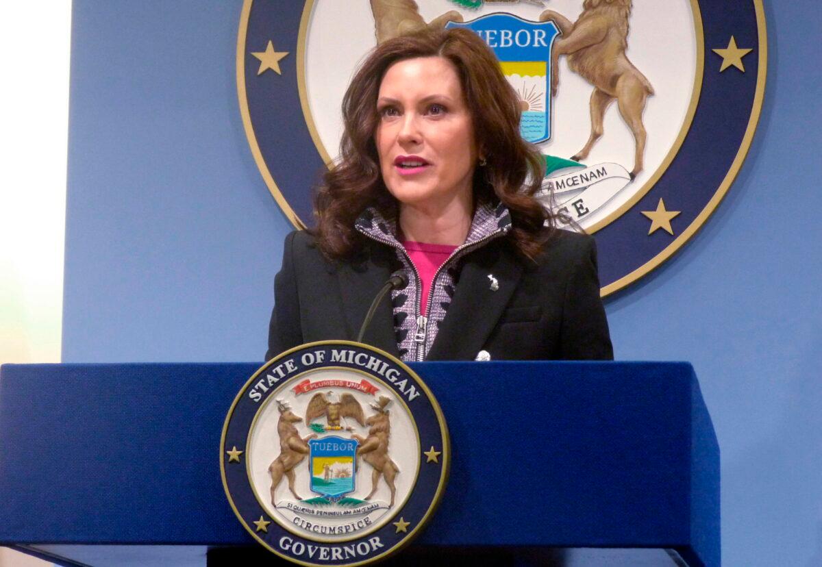 Michigan Gov. Gretchen Whitmer speaks at a press conference at the governor's office in Lansing, Mich., on March 11, 2022. (David Eggert/AP Photo)
