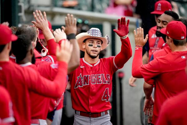 Andrew Velazquez #4 of the Los Angeles Angels celebrates scoring a run against the Detroit Tigers during the top of the second inning at Comerica Park in Detroit, August 20, 2022. (Nic Antaya/Getty Images)
