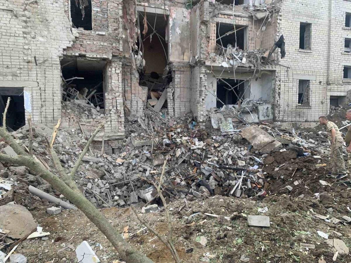 A residential building damaged by a missile strike in Voznesensk, Mykolaiv region, Ukraine, on Aug. 20, 2022. (Press service of the State Emergency Service of Ukraine/Handout via Reuters)