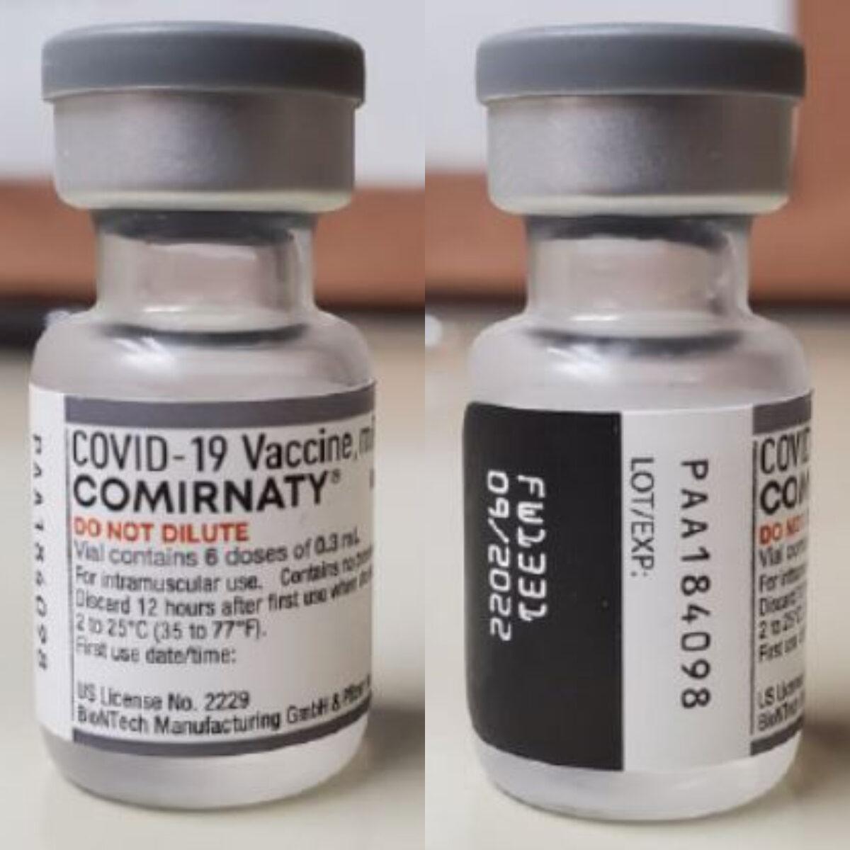 A COVID-19 vaccine vial marked Comirnaty in Juneau, Alaska, on June 10, 2022. (Courtesy of Lt. Chad Coppin)