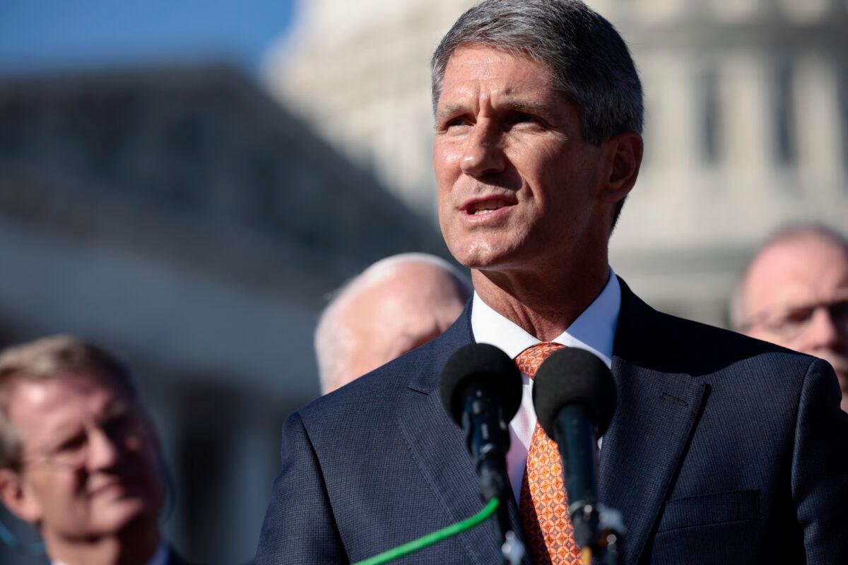 Rep. Scott Franklin (R-Fla.) speaks at a press conference on vaccine mandates for businesses with House Republicans on Capitol Hill in Washington, on Nov. 18, 2021. (Anna Moneymaker/Getty Images)