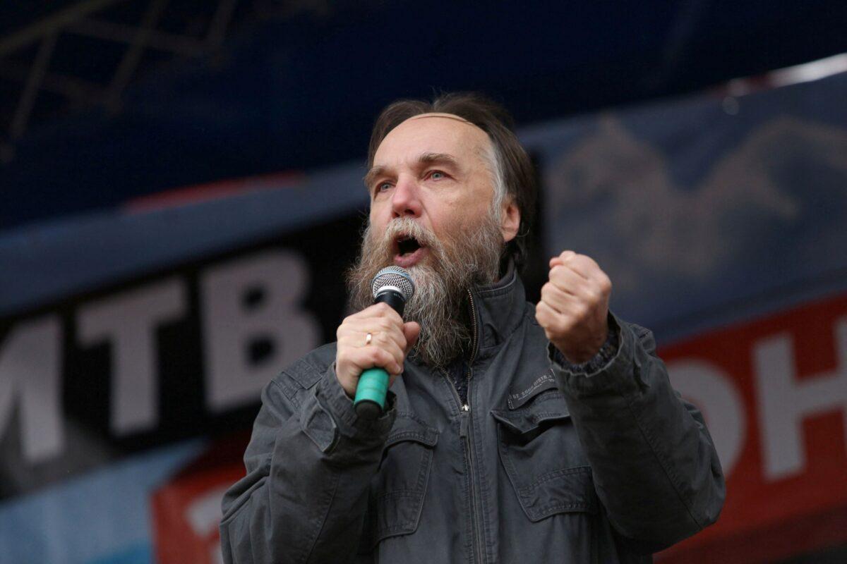 Russian politologist Alexander Dugin gestures as he addresses the rally "Battle for Donbas" in support of the self-proclaimed Donetsk and Luhansk People's Republics, in Moscow, on Oct. 18, 2014. (Moscow News Agency via Reuters)