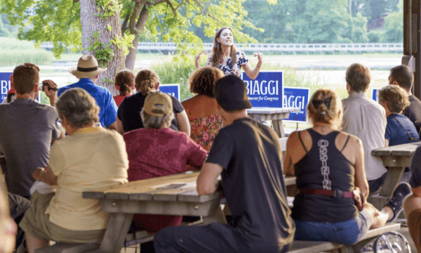 New York Congressional District 17 Democratic primary candidate state Sen. Alessandra Biaggi (D-Bronx) addresses voters in Congers in early August during her progressive campaign against moderate Rep. Sean Patrick Maloney (D-N.Y.). (Courtesy of Alessandra for Congress)