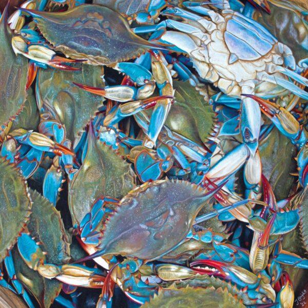 A cast of crabs crammed together fills the picture frame in pet and wildlife artist Jacqueline Bright’s striking pastel artwork titled “A Cast of Crabs.” In the top right of the painting, the cream-blue underbelly of one crab first draws us into the painting. Then our eyes are drawn down its leg along the right side of the painting and further into the writhing action of these hard-shelled, shiny creatures. Bright believes that crabs are often overlooked, but she sees them as beautiful and incredible creatures. Winner in the Into the Blue category: "A Cast of Crabs" by Jacqueline Bright (UK). Pastel drawing; 11 3/4 inches by 11 3/4 inches. (Courtesy of DSWF)