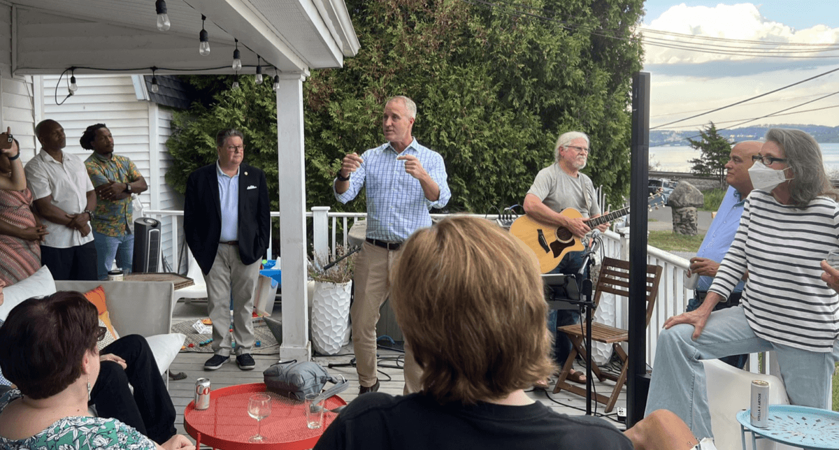 Rep. Sean Patrick Maloney (D-N.Y.) speaks with voters at a Stony Point, N.Y., meet-and-greet on Aug. 21, 2022, two days before his Congressional District 17 Democratic clash with state Sen. Alessandra Biaggi (D-Bronx) in what has evolved into a contentious primary between the party’s “establishment” centrists and its liberal left wing. (Courtesy of Sean Maloney for Congress)